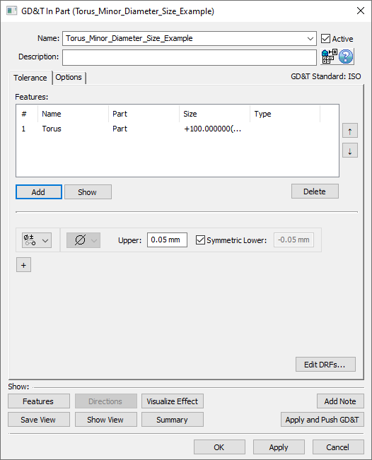 GD&T Torus Size Dialog Features