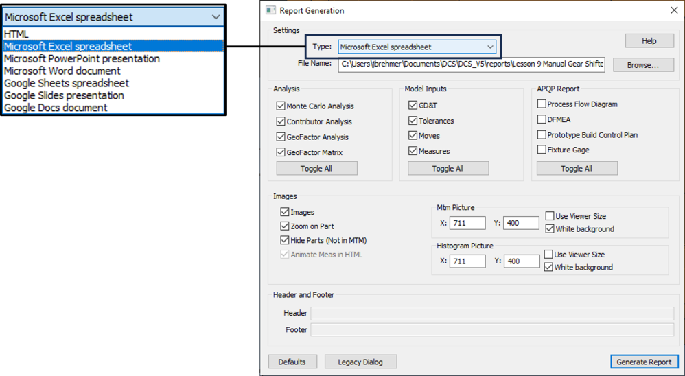 Excel Report Settings
