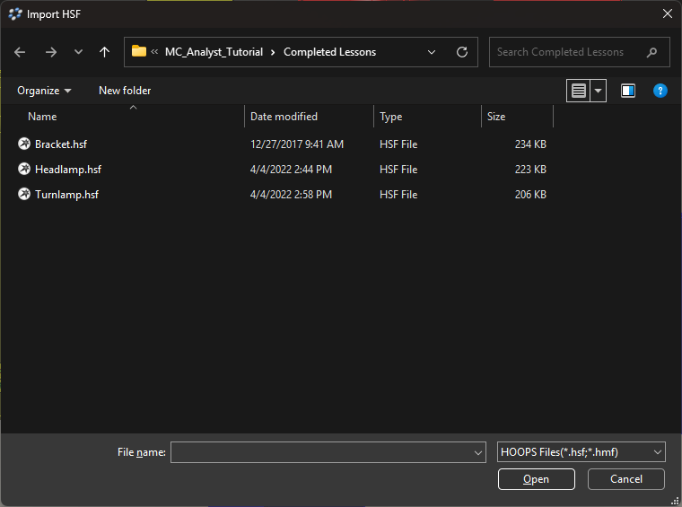 Import HSF dialog