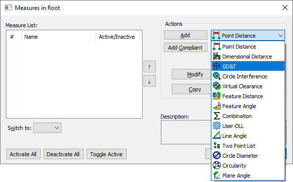 Measures Dialog GD&T Measure Drop-Down