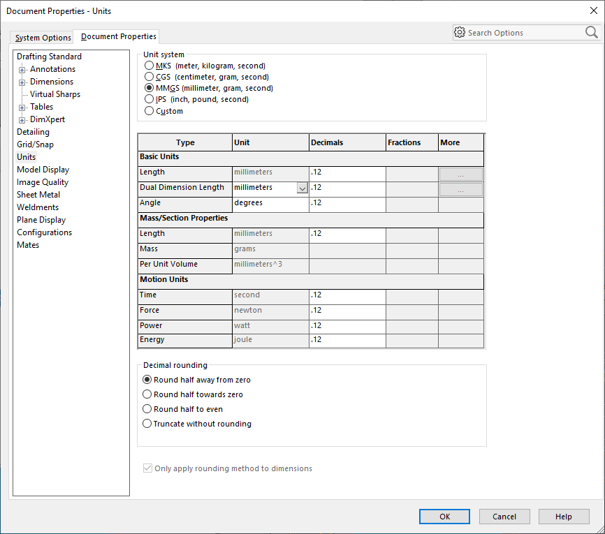 Solidworks Units System