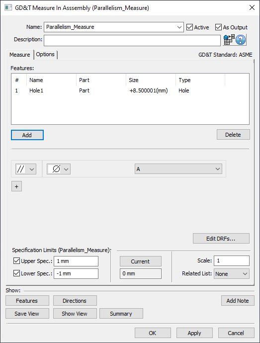 GD&T Parallelism Measure Dialog