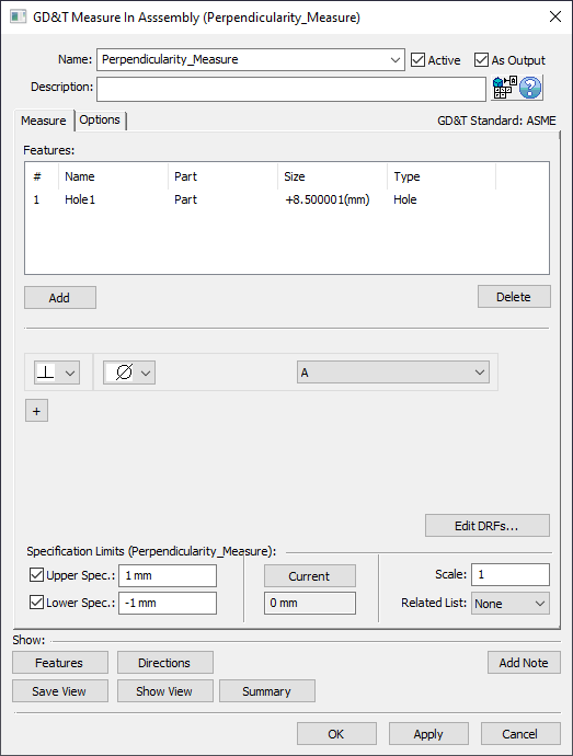 GD&T Perpendicularity Measure Dialog