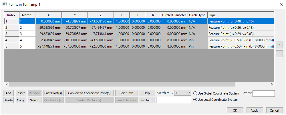 L3 V5 Turnlamp Points dialog